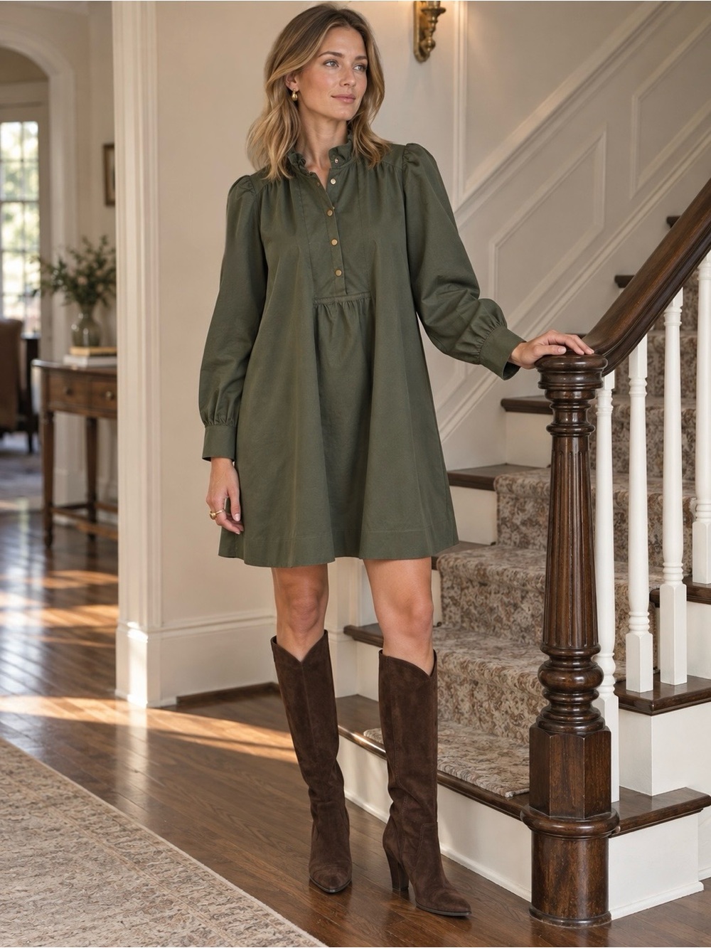 Tuckernuck Pomander Place Claiborne Chambray Mini Dress Olive Green XL